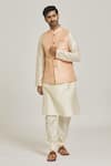 Buy_Samyukta Singhania_Pink Jacquard Banarasi Silk Floral Pattern Bundi And Cream Kurta Set _Online_at_Aza_Fashions