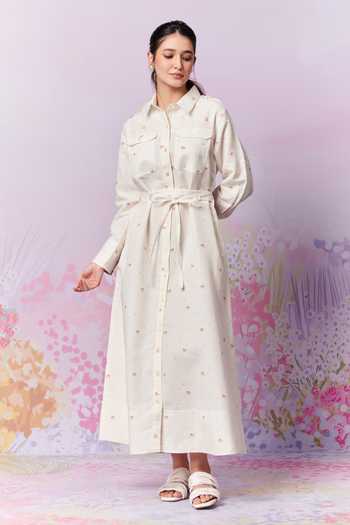 Moh India_Ivory Moh Sense Linen Print Floral Collar French Country Shirt Dress _Online_at_Aza_Fashions