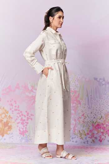 Buy_Moh India_Ivory Moh Sense Linen Print Floral Collar French Country Shirt Dress _Online_at_Aza_Fashions