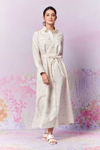 Shop_Moh India_Ivory Moh Sense Linen Print Floral Collar French Country Shirt Dress _Online_at_Aza_Fashions
