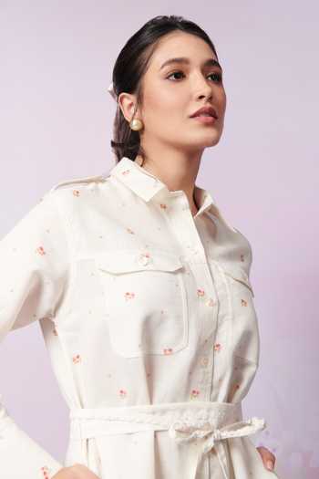 Moh India_Ivory Moh Sense Linen Print Floral Collar French Country Shirt Dress _at_Aza_Fashions