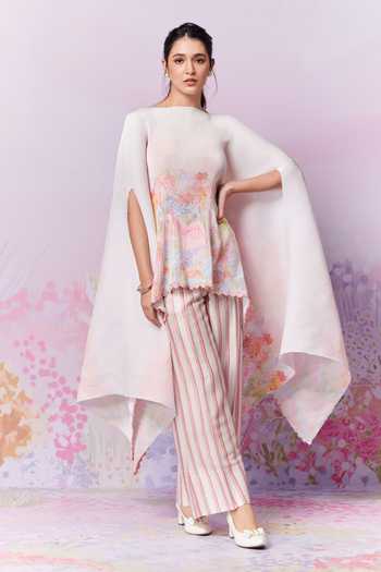 Buy_Moh India_Pink Cape Poly Stain Print Strawberry Closed Meadow Pleated With Trouser _at_Aza_Fashions