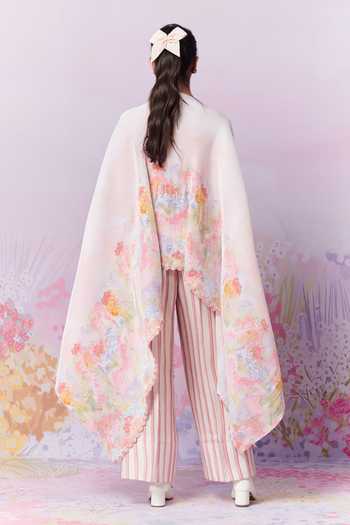 Shop_Moh India_Pink Cape Poly Stain Print Strawberry Closed Meadow Pleated With Trouser _at_Aza_Fashions
