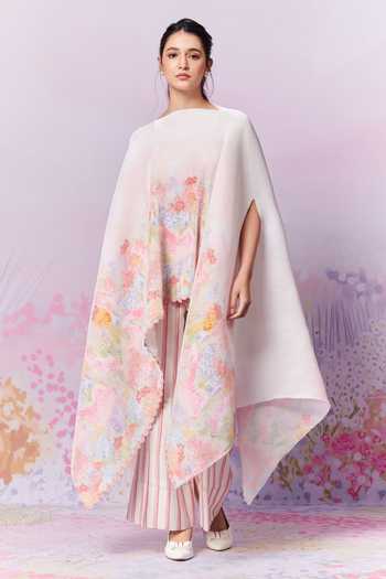 Buy_Moh India_Pink Cape Poly Stain Print Strawberry Closed Meadow Pleated With Trouser _Online_at_Aza_Fashions