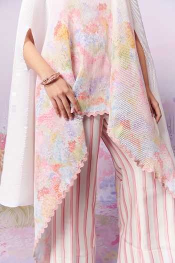 Moh India_Pink Cape Poly Stain Print Strawberry Closed Meadow Pleated With Trouser _at_Aza_Fashions