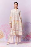 Buy_Moh India_Pink Kurta Pure Chanderi Silk Print Strawberry Band Collar Meadow A-line _at_Aza_Fashions