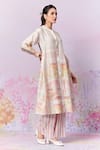 Shop_Moh India_Pink Kurta Pure Chanderi Silk Print Strawberry Band Collar Meadow A-line _at_Aza_Fashions