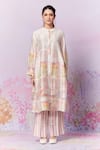 Moh India_Pink Kurta Pure Chanderi Silk Print Strawberry Band Collar Meadow A-line _Online_at_Aza_Fashions