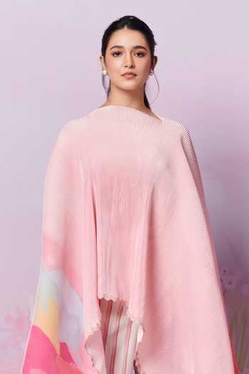 Moh India_Ivory Chanderi Primrose Exaggerated Cape With Trouser _Online_at_Aza_Fashions