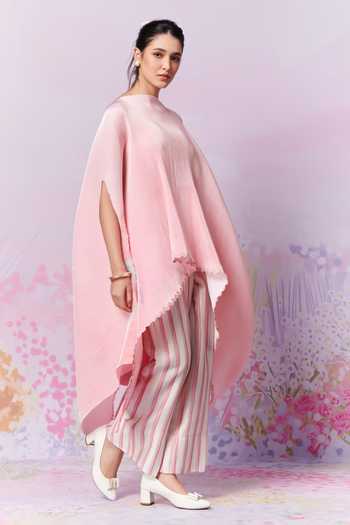 Shop_Moh India_Ivory Chanderi Primrose Exaggerated Cape With Trouser _Online_at_Aza_Fashions