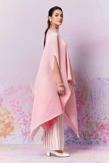 Moh India_Ivory Chanderi Primrose Exaggerated Cape With Trouser _at_Aza_Fashions