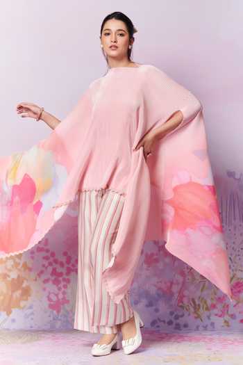 Buy_Moh India_Ivory Chanderi Primrose Exaggerated Cape With Trouser 
