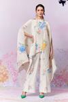 Buy_Moh India_Ivory Ply Satin Cape Embroidery Cross-stitch Rose Summer With Trouser _at_Aza_Fashions