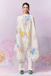 Moh India_Ivory Ply Satin Cape Embroidery Cross-stitch Rose Summer With Trouser _Online_at_Aza_Fashions