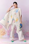 Moh India_Ivory Ply Satin Cape Embroidery Cross-stitch Rose Summer With Trouser _at_Aza_Fashions