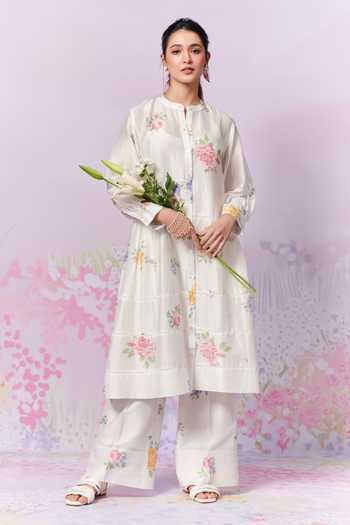Buy_Moh India_Ivory Sense Linen Embroidery Cross-stitch Rose Summer Kurta With Trouser _at_Aza_Fashions