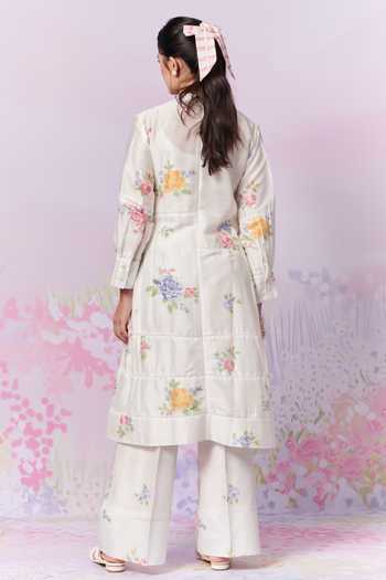 Shop_Moh India_Ivory Sense Linen Embroidery Cross-stitch Rose Summer Kurta With Trouser _at_Aza_Fashions