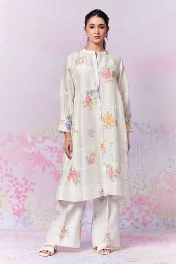 Moh India_Ivory Sense Linen Embroidery Cross-stitch Rose Summer Kurta With Trouser _Online_at_Aza_Fashions