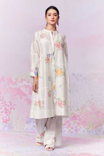 Buy_Moh India_Ivory Sense Linen Embroidery Cross-stitch Rose Summer Kurta With Trouser _Online_at_Aza_Fashions