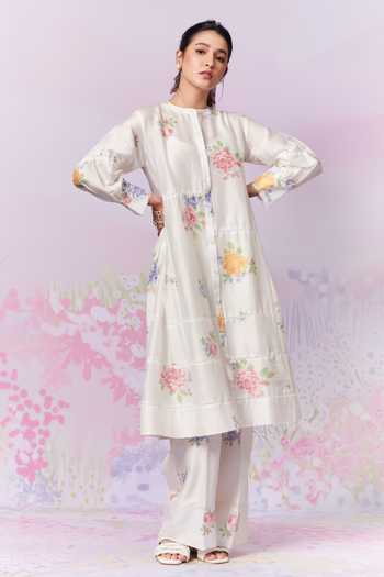Moh India_Ivory Sense Linen Embroidery Cross-stitch Rose Summer Kurta With Trouser _at_Aza_Fashions