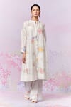 Moh India_Ivory Linen Embroidery Mandarin Collar Summer Rose Kurta _Online_at_Aza_Fashions
