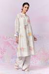 Moh India_Ivory Linen Embroidery Mandarin Collar Summer Rose Kurta _at_Aza_Fashions