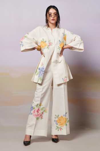 Buy_Moh India_Ivory Sense Linen Embroidery Cross-stitch Rose Notched Neck Summer Shirt Tunic _at_Aza_Fashions