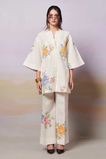 Moh India_Ivory Sense Linen Embroidery Cross-stitch Rose Notched Neck Summer Shirt Tunic _Online_at_Aza_Fashions
