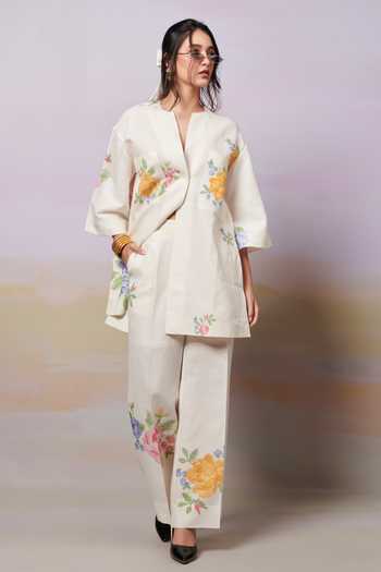 Buy_Moh India_Ivory Sense Linen Embroidery Cross-stitch Rose Notched Neck Summer Shirt Tunic _Online_at_Aza_Fashions