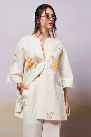 Shop_Moh India_Ivory Sense Linen Embroidery Cross-stitch Rose Notched Neck Summer Shirt Tunic _Online_at_Aza_Fashions
