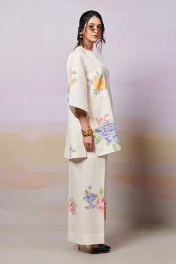 Moh India_Ivory Sense Linen Embroidery Cross-stitch Rose Notched Neck Summer Shirt Tunic _at_Aza_Fashions
