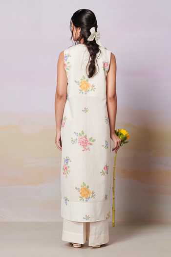 Shop_Moh India_Ivory Sense Linen Embroidery Cross-stitch Rose Open Neck Summer Long Overlay _at_Aza_Fashions
