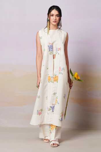 Moh India_Ivory Sense Linen Embroidery Cross-stitch Rose Open Neck Summer Long Overlay _Online_at_Aza_Fashions