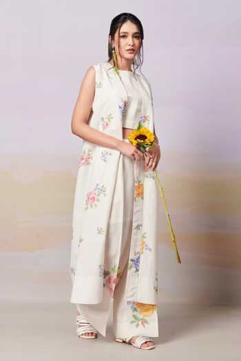 Buy_Moh India_Ivory Sense Linen Embroidery Cross-stitch Rose Open Neck Summer Long Overlay _Online_at_Aza_Fashions