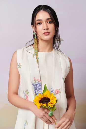 Shop_Moh India_Ivory Sense Linen Embroidery Cross-stitch Rose Open Neck Summer Long Overlay _Online_at_Aza_Fashions