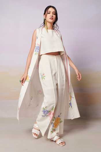Moh India_Ivory Sense Linen Embroidery Cross-stitch Rose Open Neck Summer Long Overlay _at_Aza_Fashions