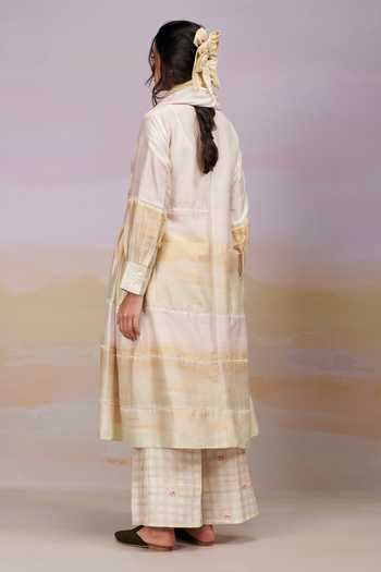 Shop_Moh India_Ivory Kurta Pure Chanderi Silk Printed Landscape Sunrise Band After Glow _at_Aza_Fashions