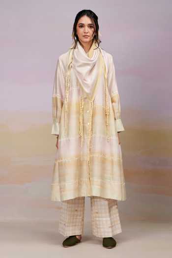 Shop_Moh India_Ivory Kurta Pure Chanderi Silk Printed Landscape Sunrise Band After Glow _Online_at_Aza_Fashions