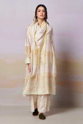 Moh India_Ivory Kurta Pure Chanderi Silk Printed Landscape Sunrise Band After Glow _at_Aza_Fashions
