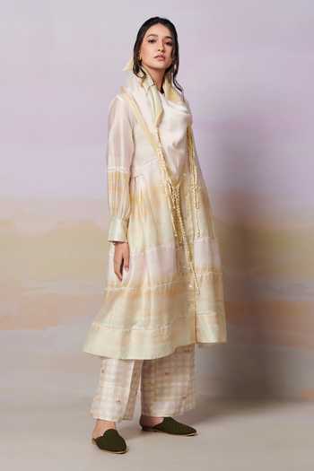 Buy_Moh India_Ivory Kurta Pure Chanderi Silk Printed Landscape Sunrise Band After Glow 