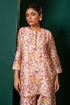 Shop_Oshi By Shikha_Pink Silk Chanderi Print Leaf Round Short Kurta With Pant _at_Aza_Fashions