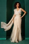 Buy_Oshi By Shikha_Off White Pre-draped Saree Chiffon And Organza Hand Embroidery Pearl Set _at_Aza_Fashions