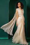 Shop_Oshi By Shikha_Off White Pre-draped Saree Chiffon And Organza Hand Embroidery Pearl Set _at_Aza_Fashions