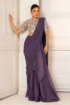 Buy_Oshi By Shikha_Purple Pre-draped Saree Chiffon And Organza Hand Embroidery Zari Blouse With _at_Aza_Fashions