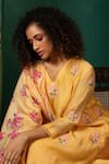 Shop_Oshi By Shikha_Yellow Kurta Chanderi Print Floral V-neck Thread Embroidered And Pant Set _at_Aza_Fashions