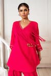 Oshi By Shikha_Pink Cotton Linen Embroidery Tassels V-neck Tunic With Dhoti Pant _at_Aza_Fashions