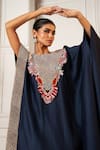 Shop_Oshi By Shikha_Blue Silk Hand Embroidery Floral Round Zardosi Asymmetric Kaftan With Pant _Online_at_Aza_Fashions