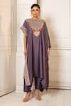 Buy_Oshi By Shikha_Purple Silk Hand Embroidery Floral Round Zardosi Asymmetric Kaftan With Pant _at_Aza_Fashions