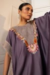 Buy_Oshi By Shikha_Purple Silk Hand Embroidery Floral Round Zardosi Asymmetric Kaftan With Pant _Online_at_Aza_Fashions