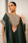 Shop_Oshi By Shikha_Green Silk Hand Embroidery Floral Round Asymmetric Kaftan With Pant _Online_at_Aza_Fashions